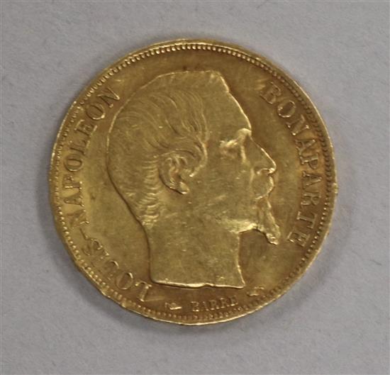 A French 20 Franc gold coin, 1852A, 6.45g, GVF